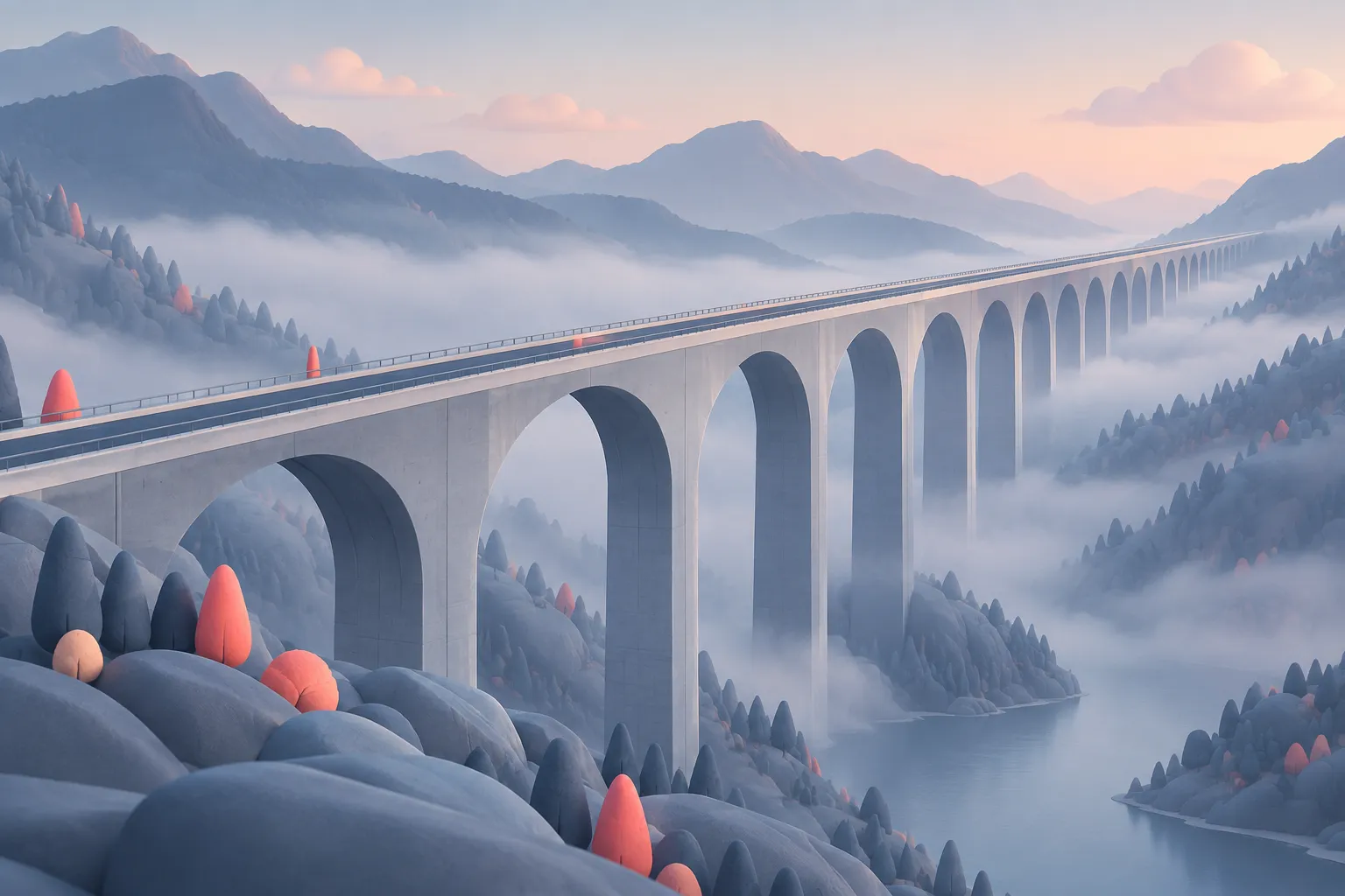 Viadotto in cemento che attraversa una valle nebbiosa al crepuscolo